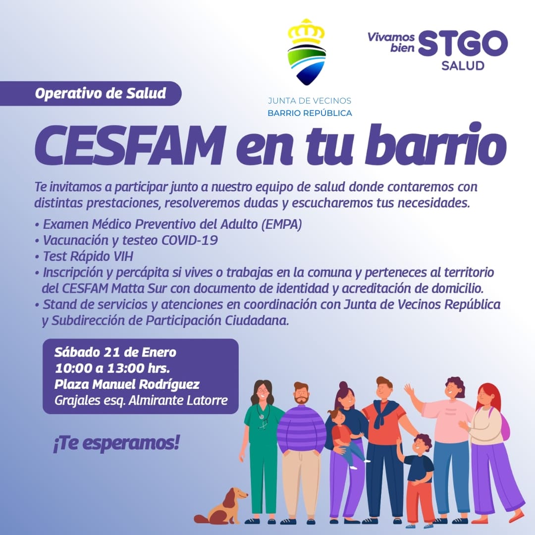 Les invitamos a la actividad CESFAM en tu barrio donde se realizarán distintas prestaciones de salud y escuchará las necesidades de vecinos y vecinas.
Sábado 21 de enero de 10:00 a 13:00 horas en Plaza Manuel Rodríguez.
En #barriorepublica