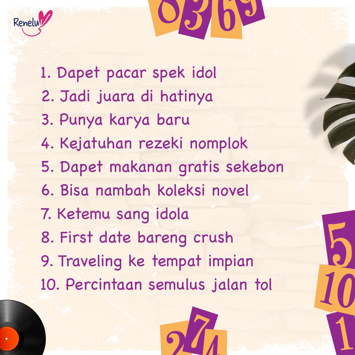 penerbitreneluv's tweet image. Awali tahun baru dengan cek keberuntangan di sini. Coba deh mana angka pertama yg kamu lihat dan swipe left buat tau hal beruntung apa yg kamu dapetin 🥰

Just for fun 🙌

#reneluv #beruntung #gamesseru
