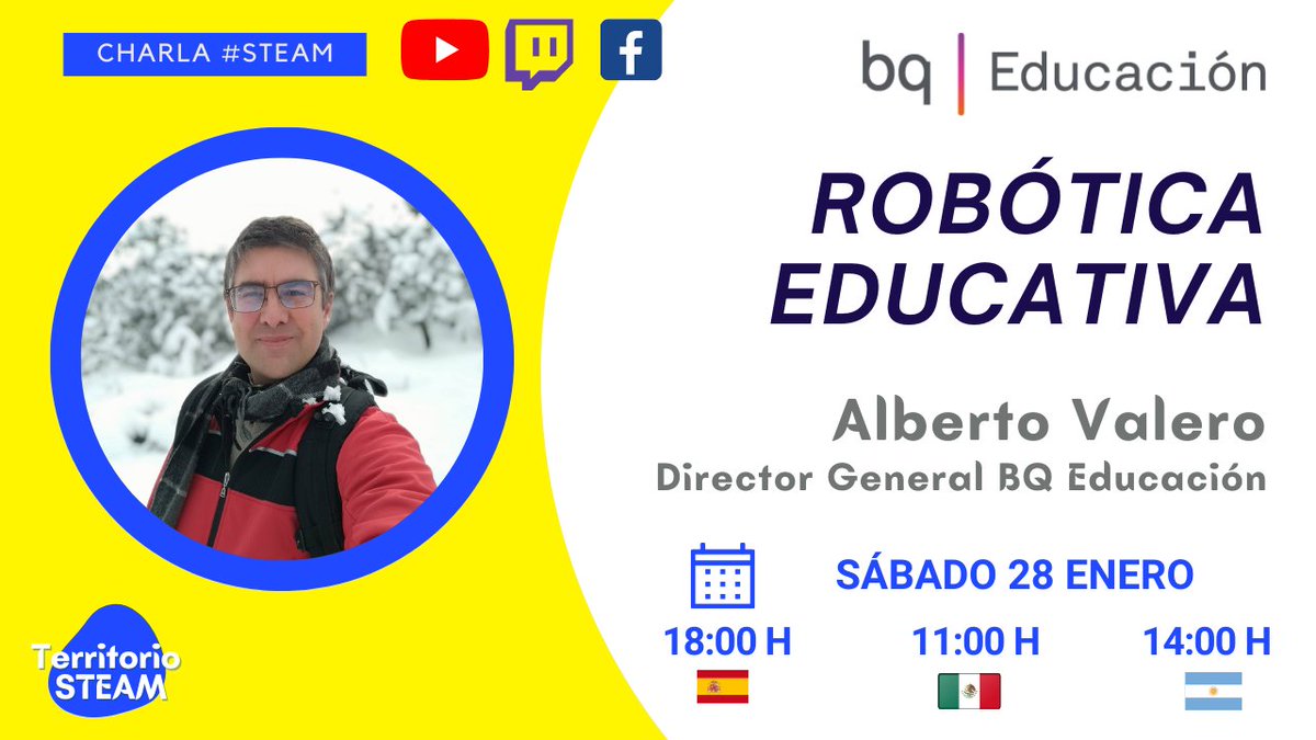 📢¡Sábado 28 tendremos la primera charla del 2023! Os apuntáis?

Nos acompañará Alberto Valero, director general de BQ Educación <a href="/BQEducacion/">BQ</a>

#educacionSTEAM #stemeducation #bMaker #bMakerSchool #bMakerAcademy #claustrovirtual  #vocacionesSTEM  #territorioSTEAM