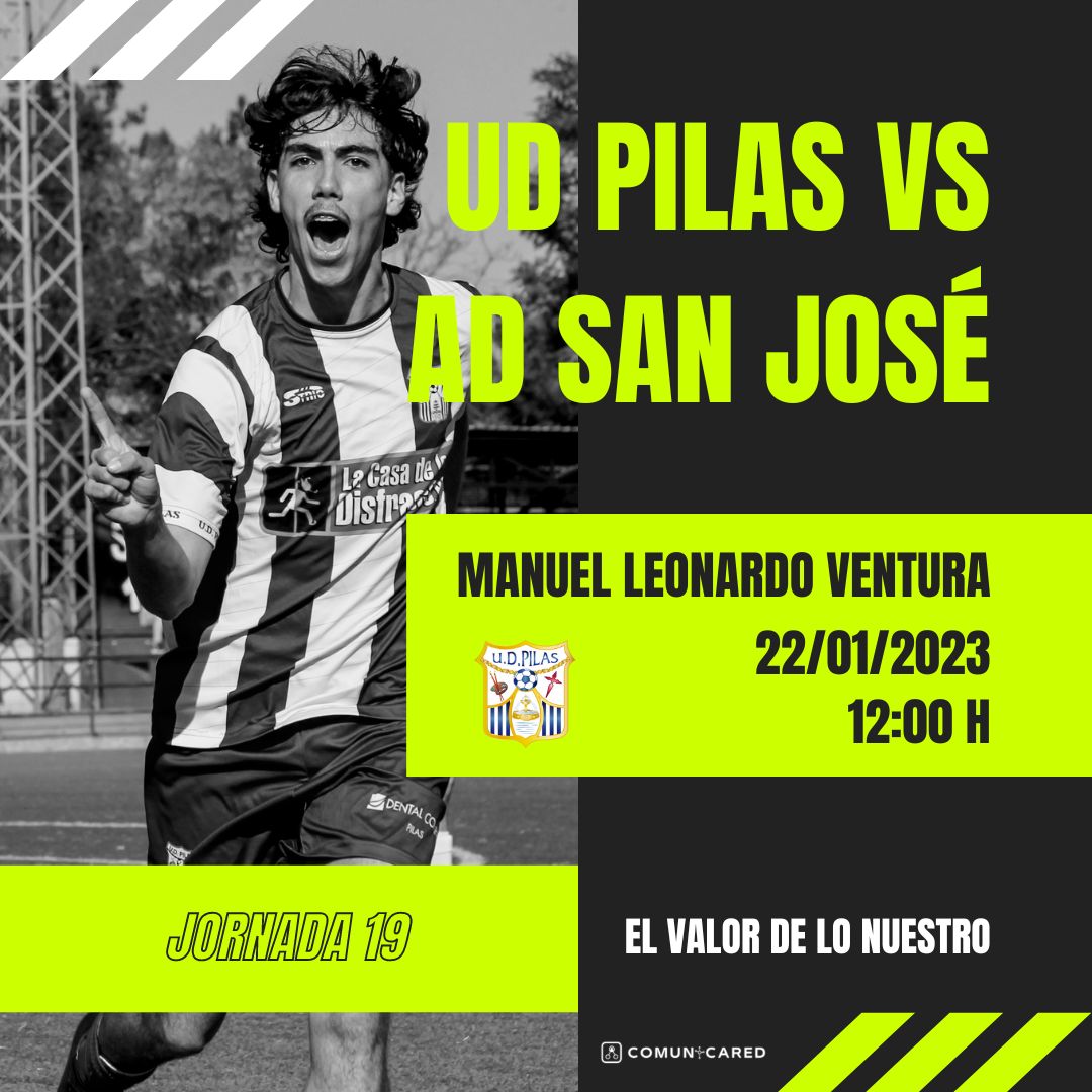 ⚽ JORNADA 19 ⚽

🏡 ¡VOLVEMOS A CASA TRAS EL PARÓN!

💪 Os necesitamos a todos, ahora más que nunca, el pueblo tiene que estar con la #UDPilas

🆚 <a href="/ADSJoseOficial/">Agrupación Deportiva San José</a> 
🗓️ Domingo 22/01
⌛ 12.00h
🏟 Estadio 'Manuel Leonardo Ventura'

#ElValorDeLoNuestro 💙 #VamosUDP