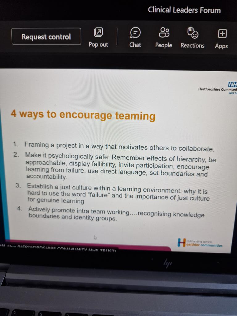 cathslater68's tweet photo. Great to hear about 'Teaming', (ref Amy Edumndson) shared with passion by @monaghan_una on the @HCTNHS Clinical Leaders forum 👍 https://t.co/9rNwbng3Xx