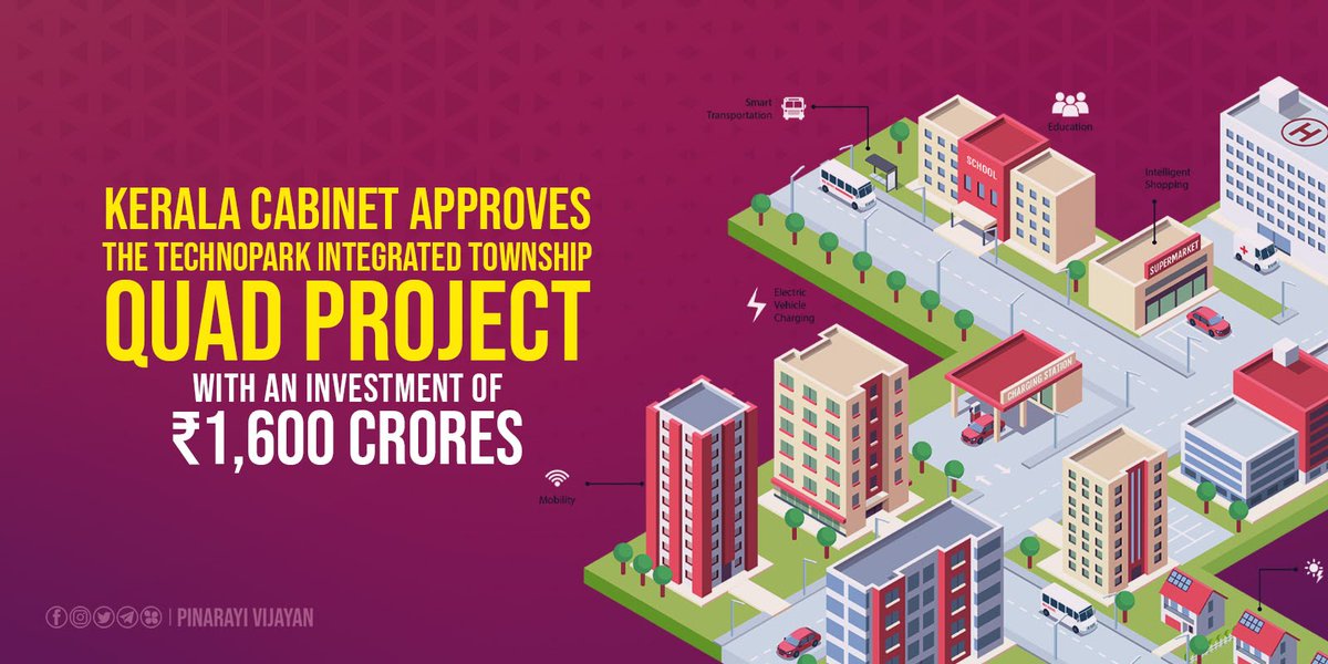 pinarayivijayan's tweet photo. QUAD, a mini-township will come up at Techno City, @mytechnopark's Phase-4 campus in Thiruvananthapuram. This ₹1,600 crore project will have offices, residences, shops, hospitals and educational institutions in 40 lakh sq. ft. of built-up space, spread across 30 acres. https://t.co/JgXigdEhBT