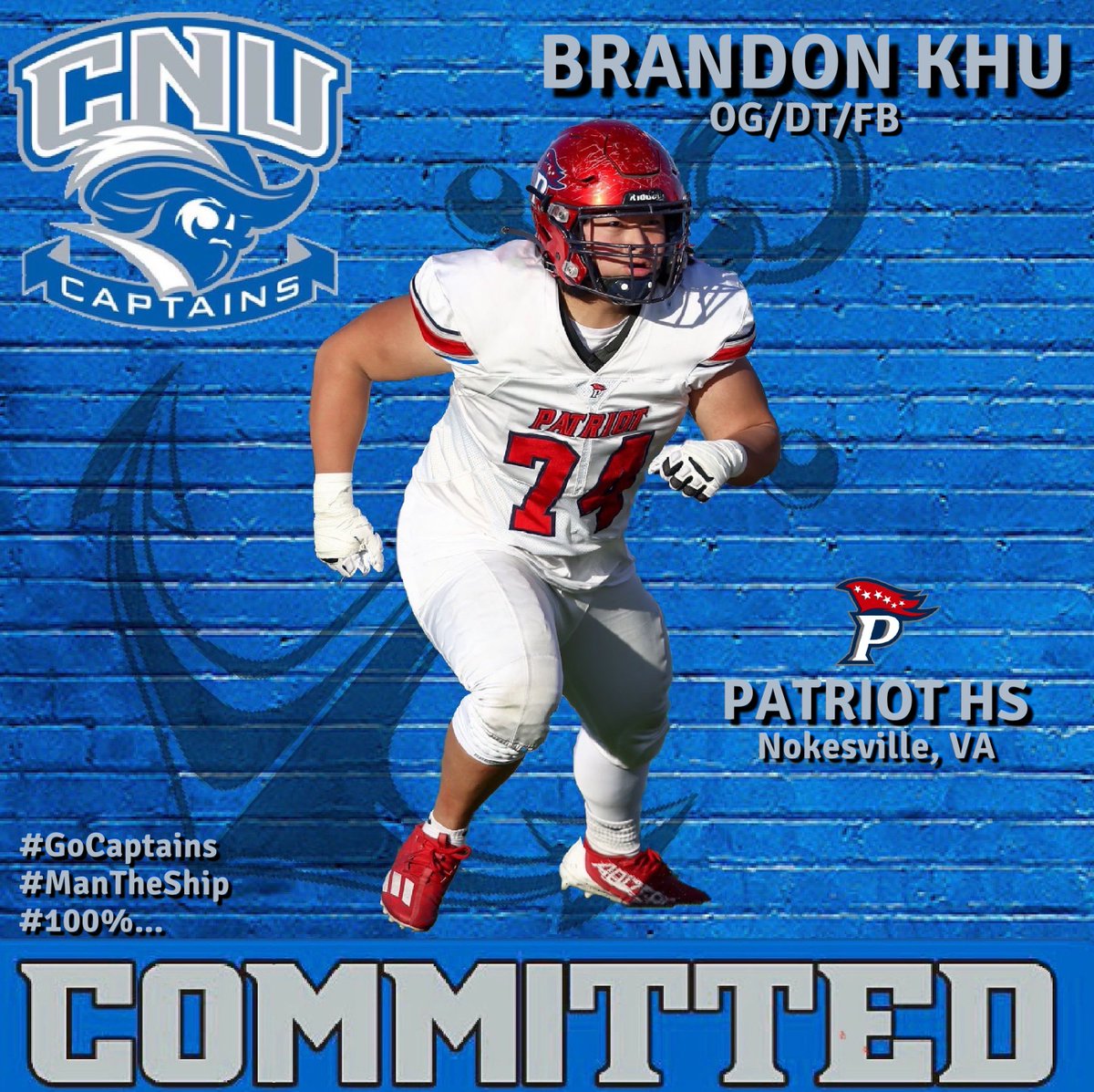 BrandonKhu74's tweet photo. COMMITTED @cnu_football. Proud to call @CNUcaptains home. Thx to family, coaches &amp; teammates @PatriotHS_FB. We had a helluva run. @coachpcrowley @indELIble173 @CoachSmitty25 @coachatsmith let’s E.A.T.🥞⚓️ @FinnertySean @PatriotPioneers https://t.co/YK1dJU3mF0