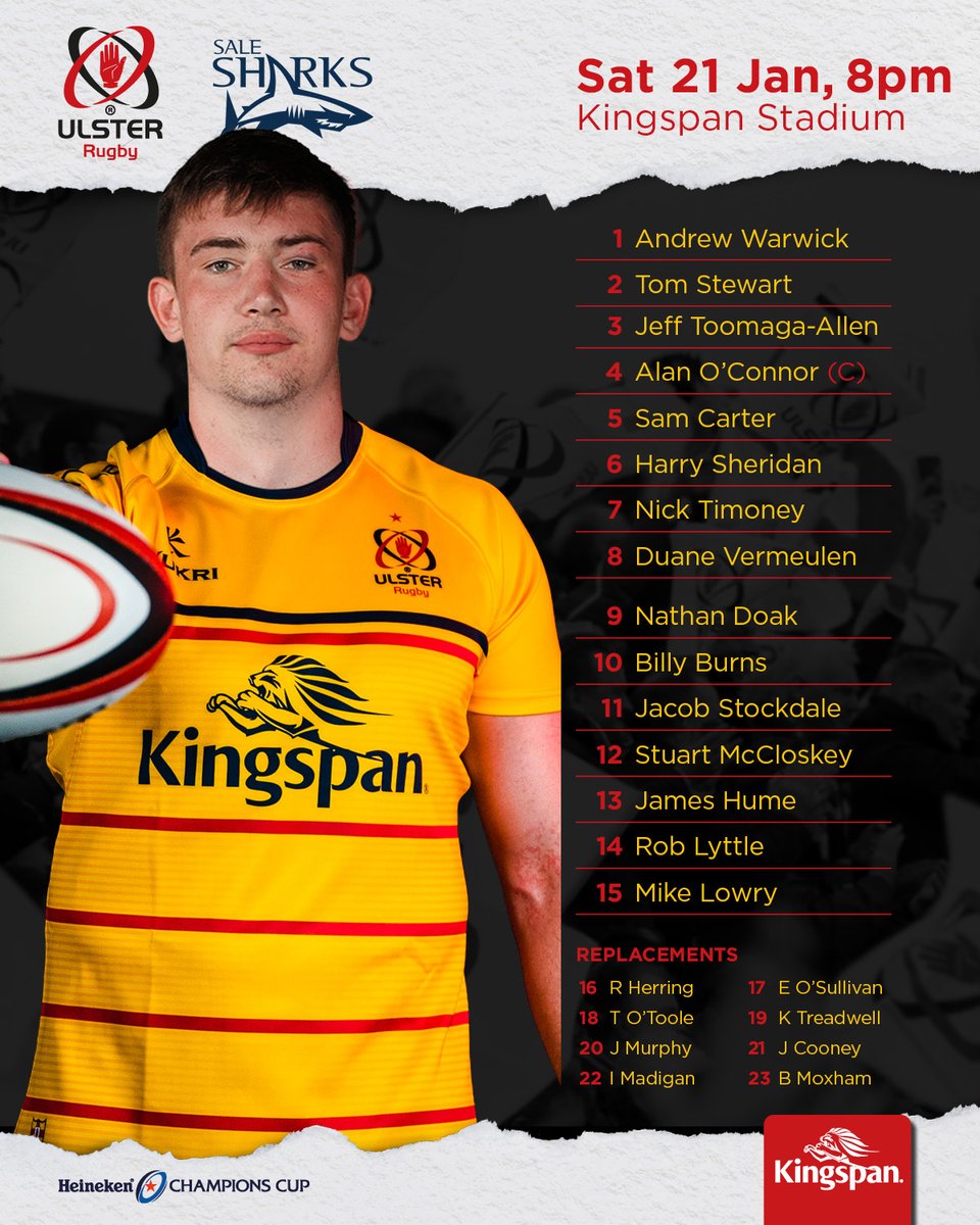 UlsterRugby's tweet photo. 𝙏𝙚𝙖𝙢 𝙉𝙚𝙬𝙨

Here is your Ulster side to face Sale Sharks tomorrow at the Kingspan stadium in our crucial @ChampionsCup match 👊

🎟️ Limited tickets remaining: 
https://t.co/GQ2JZokQul https://t.co/hR9N36t4lK