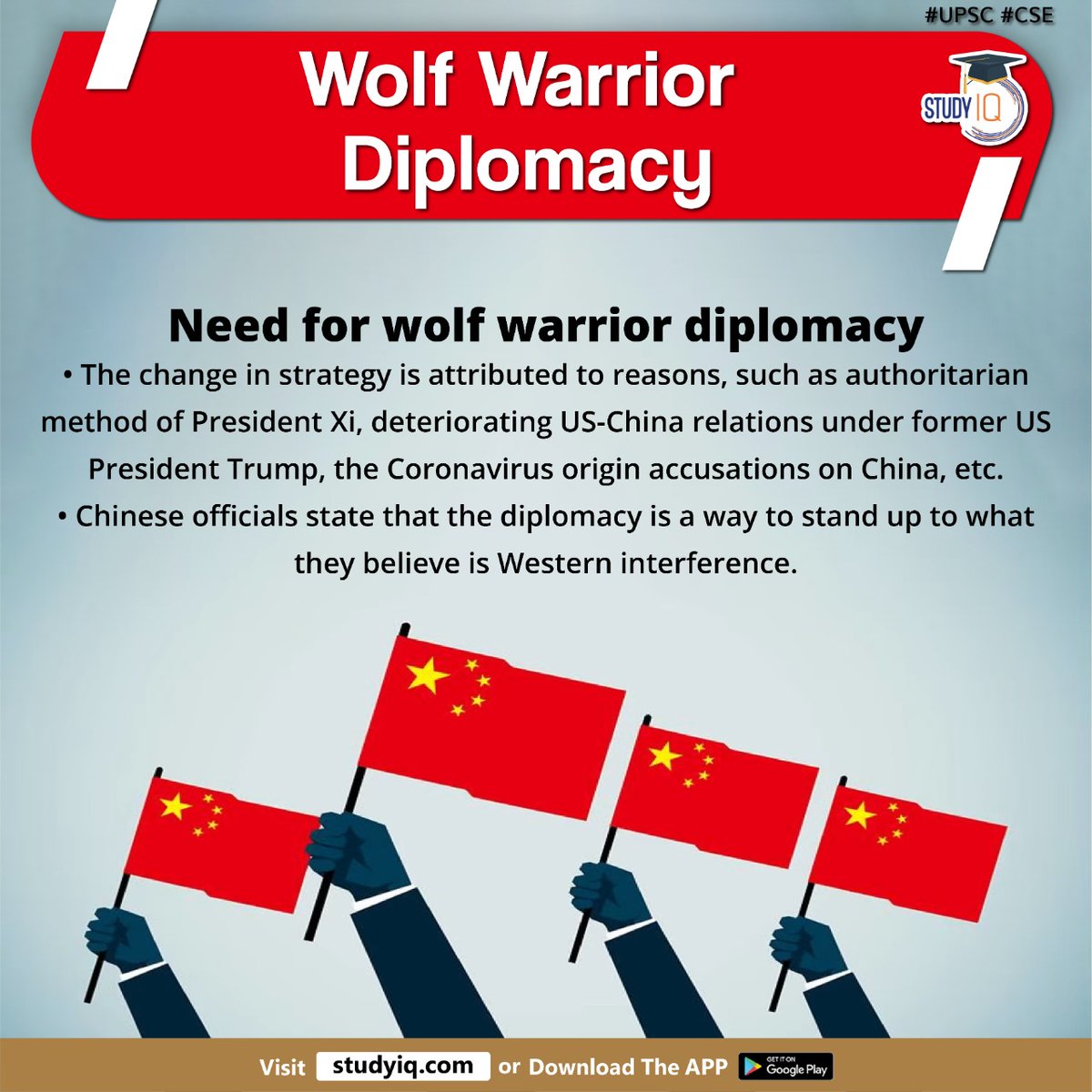 upsciq's tweet photo. Wolf Warrior Diplomacy
#wolfwarriordiplomacy #whyinnews #china #foreignpolicy #personnelreshuffle #chinesegovernment #ideology #chinesediplomates #wolfwarrior #presidentxi #uschina #usa #uspresidenttrump #westerninterference #upsc #cse #ips #ias https://t.co/RYDGFjy6Ct