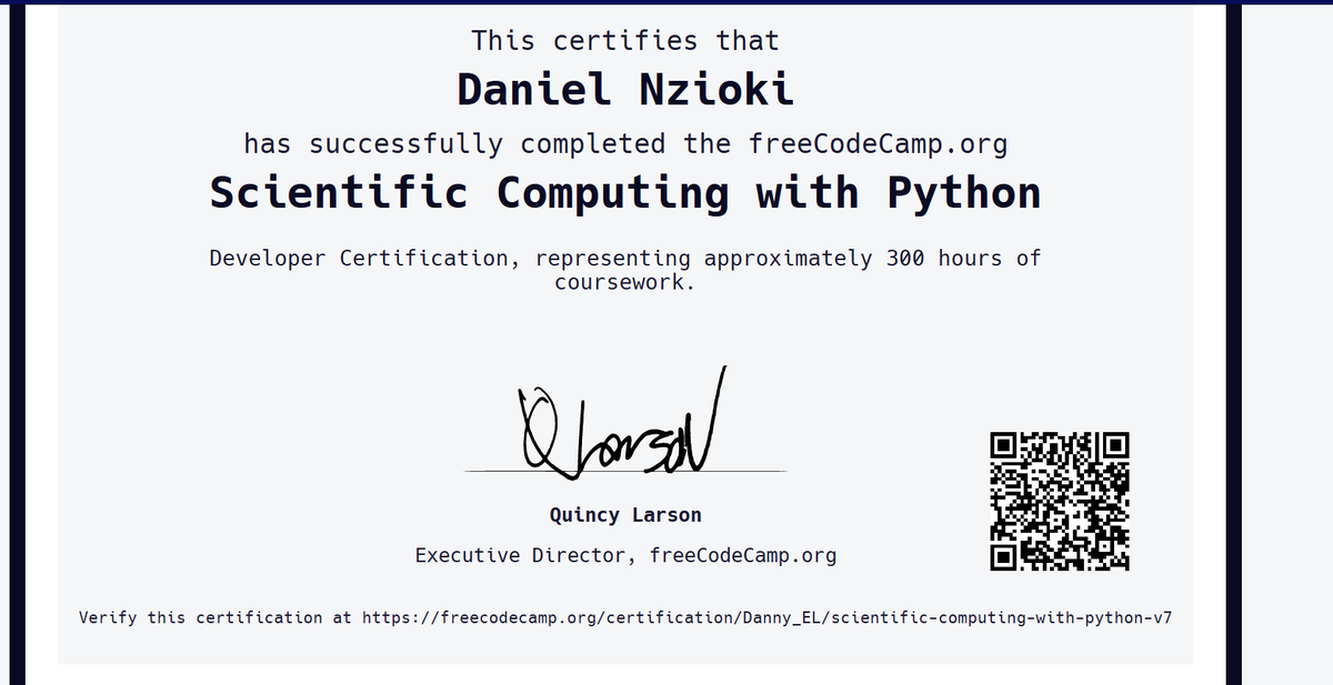 I just earned the Scientific Computing with Python certification <a href="/freeCodeCamp/">freeCodeCamp.org</a>! Check it out here: freecodecamp.org/certification/… 
#Artificial_Intelligence #MachineLearning #pythonprogramming #freeCodeCamp