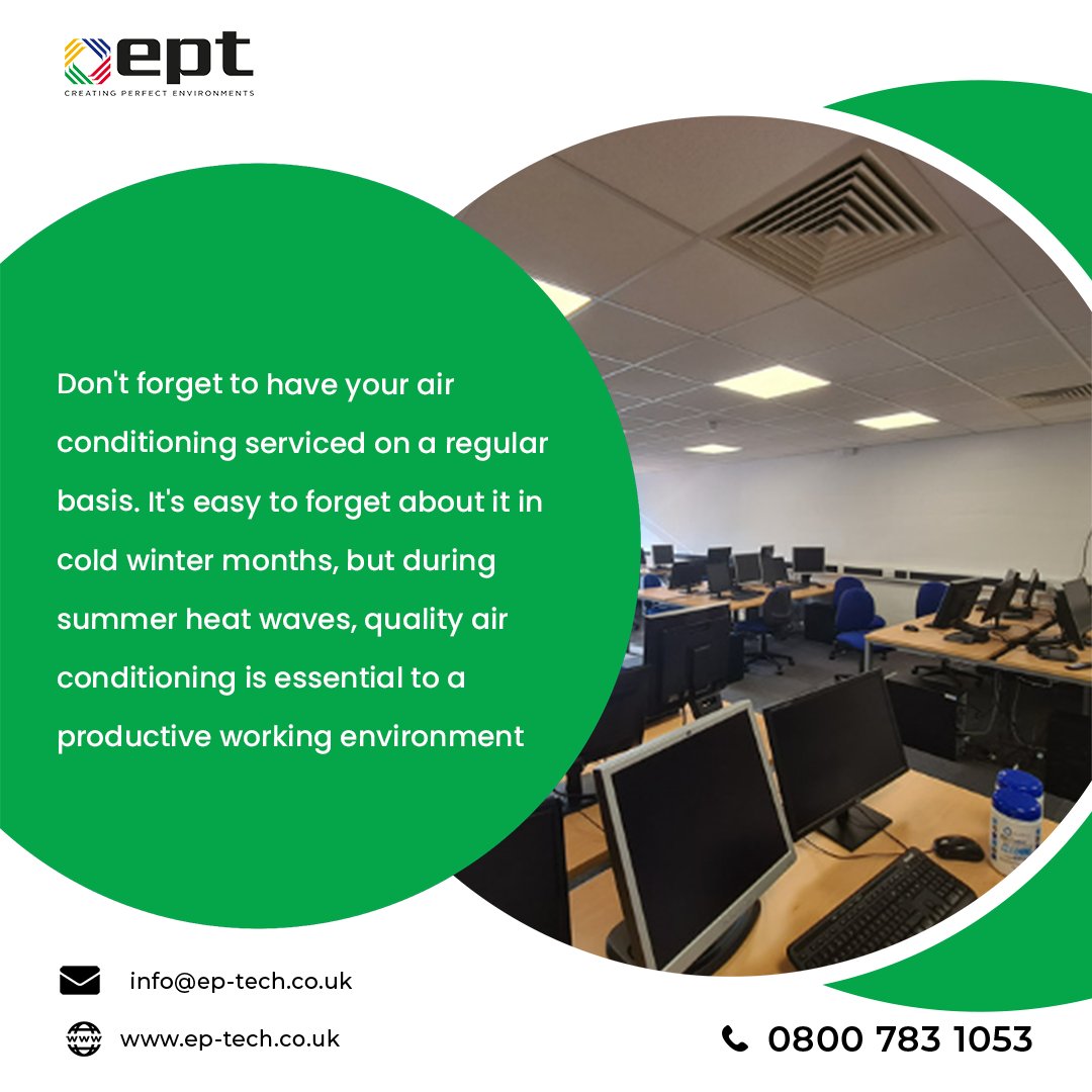 EPT_Ltd's tweet image. Don&apos;t forget to have your air conditioning serviced on a regular basis. It&apos;s easy to forget about it in cold winter months, but during summer heat waves, quality air conditioning is essential to a productive working environment.

0800 783 1053​​

#ept #eptech #lighting