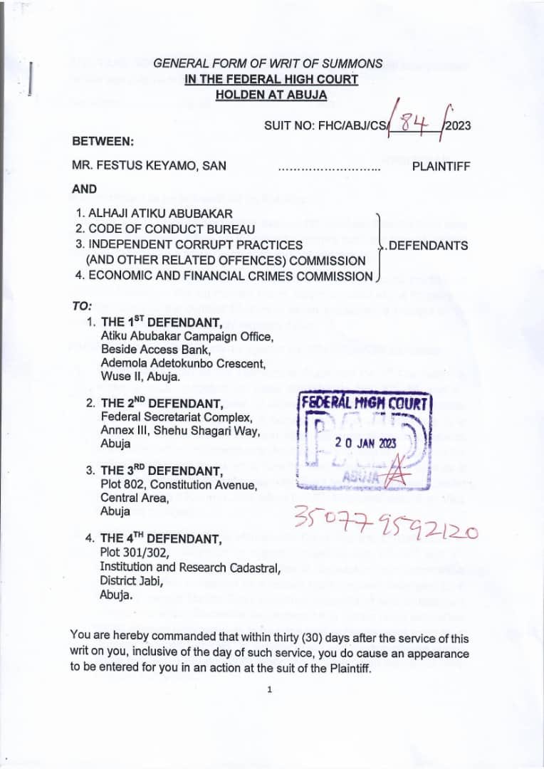 fkeyamo's tweet photo. #ATIKUGATE: FOLLOWING THE EXPIRATION OF MY 72-HOUR ULTIMATUM, I HAVE PROCEEDED TO THE FEDERAL HIGH COURT, ABUJA SUING ATIKU, CCB, ICPC &amp; EFCC AND ASKING FOR INVITATION/ARREST AND INVESTIGATION OF ATIKU OVER THE SPV SAGA. I HAVE A RICH HISTORY OF SUCH BATTLES &amp; I AM NOT STOPPING https://t.co/O4u9mDevqi