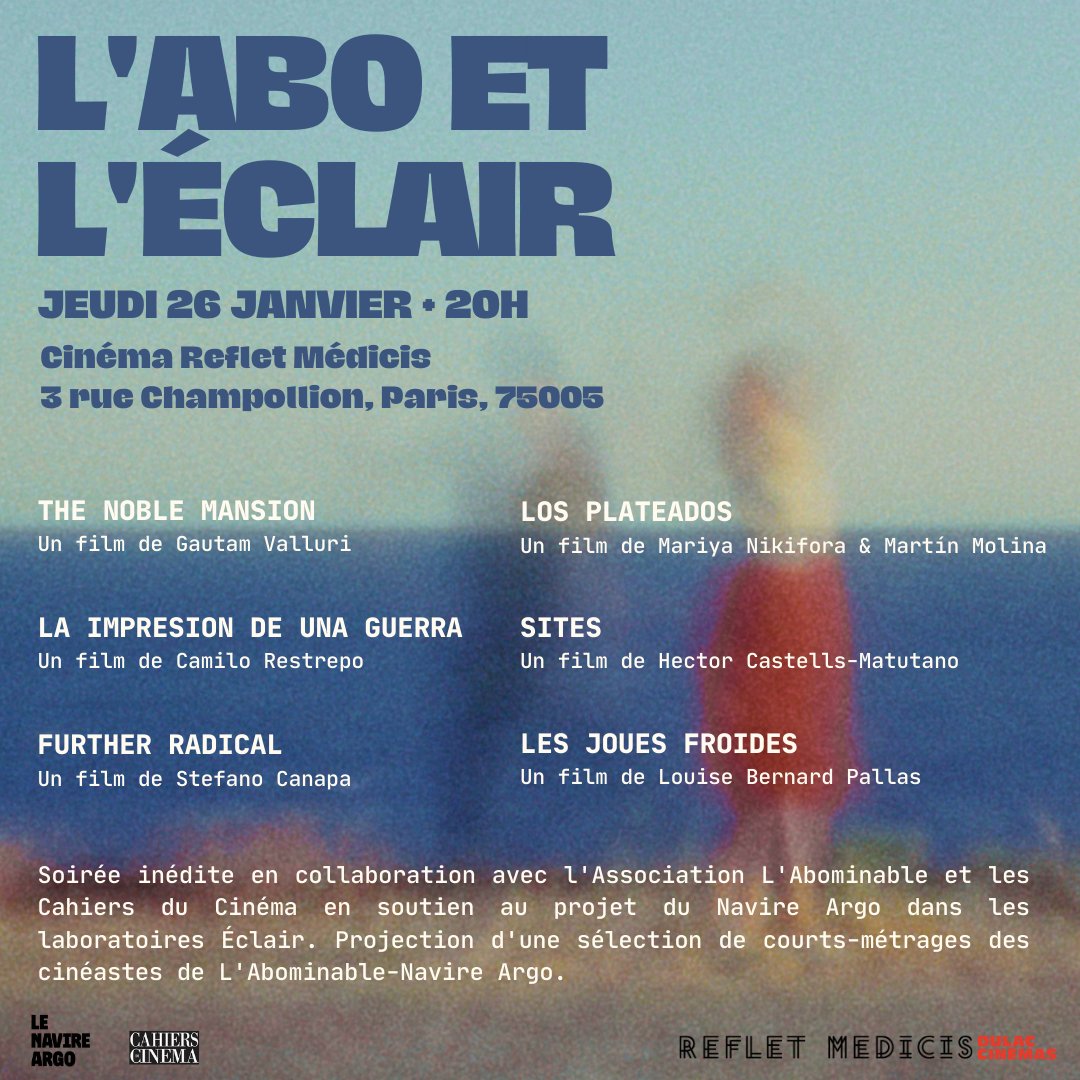 🎬 Le 26/01 à 20h au Reflet Médicis (Paris), les Cahiers invitent le laboratoire partagé “L’Abominable” à présenter leur projet d’installation sur le site des anciens laboratoires Éclair, pour y fonder un lieu dédié au cinéma argentique : le Navire Argo.

linktr.ee/cahiersducinema
