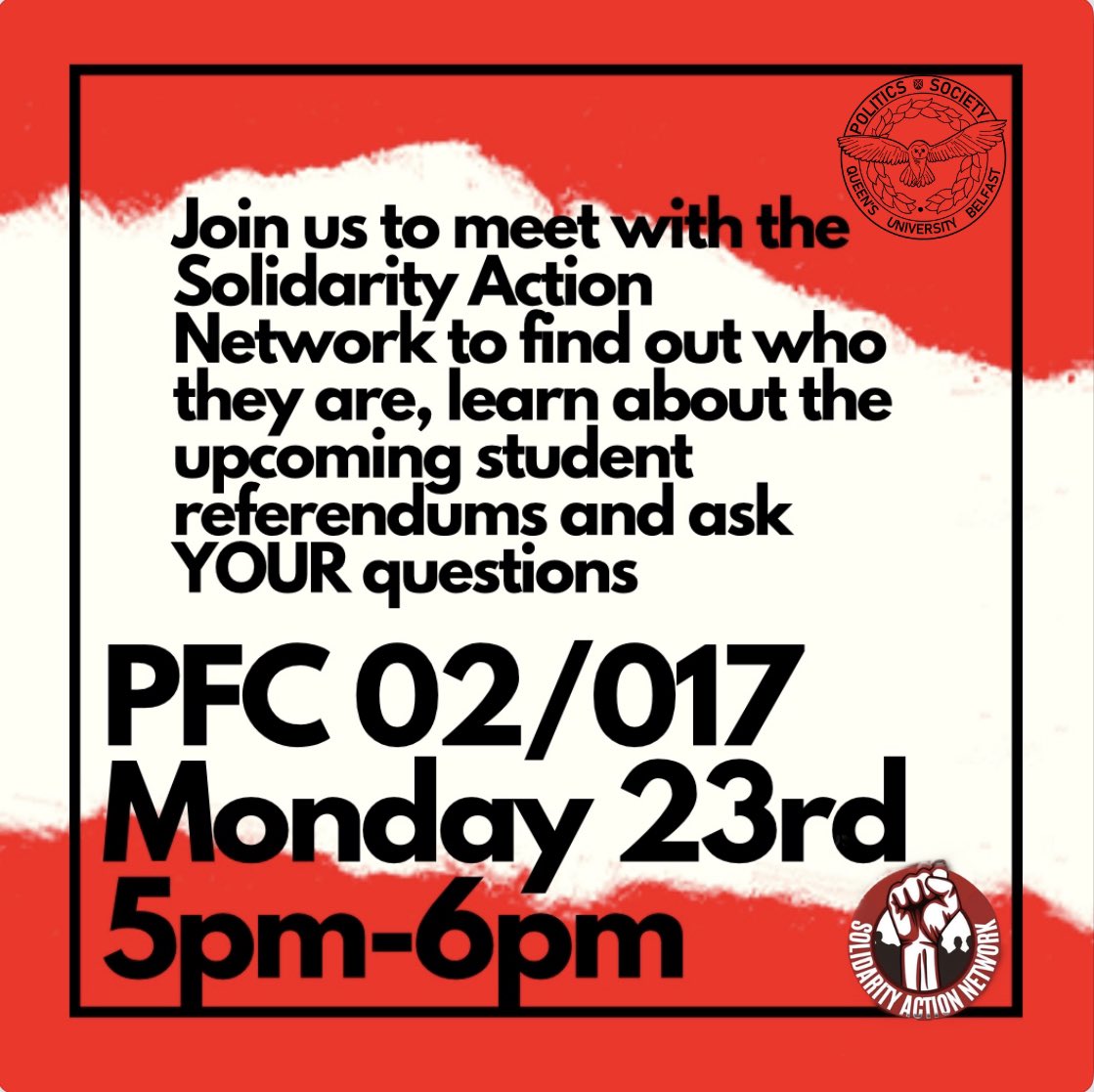 QUBPolitics's tweet photo. 🥳 Join us for our first event or the New Year!

🗳️Ahead of the Student Referendum hear from the SAN about who they are and what the referendum is

🏡 PFC 02/17 on Monday the 23rd from 5pm https://t.co/4hvJtXlYQM