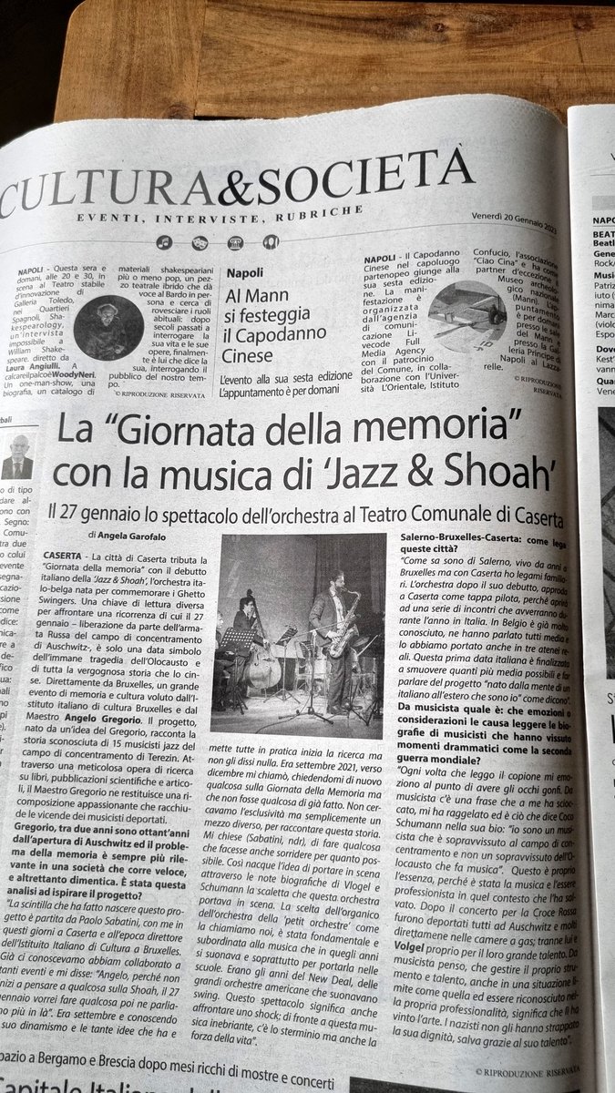 ⏳️#GiornatadellaMemoria
#27gennaio debutto in prima nazionale al  #TeatroComunaleCaserta  #Jazz&amp;Shoah.
Storia e Musica della #GhettoSwingers: ebrei musicisti deportati e di come la musica salvò alcuni.M° #AngeloGregorio 
#intervista 🗞
#CronachediNapoli 
#cronachediCaserta