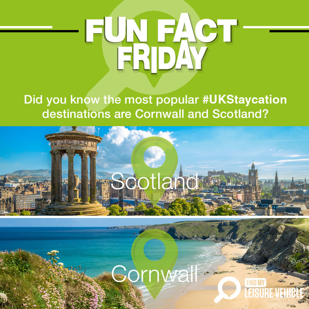 #FunFactFriday! Did you know the most popular #UKStaycation destinations are #Cornwall and #Scotland?
 
Where would you take your #LeisureVehicle?
 
#FindMyLeisureVehicle #Motorhomes #Campervan #NCC #UKMotorhomes #CaravanClub #UKCamping #CaravanningUK #ExploreUK #UKTravel