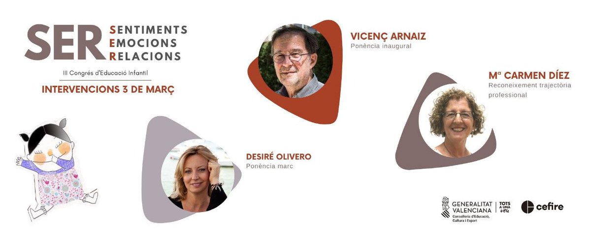 👋🏼 Hola! 
Revelem el cartell del primer dia del III Congrés d'Educació Infantil SER: sentiments, emocions i relacions
📆 El divendres 3 de març comptarem amb ponents de renom
🔗 Informació i inscripcions ací:
bit.ly/3XuqUkC
<a href="/GVAeducacio/">GVA Educació</a> <a href="/GVA_Cefire/">Formació, Innovació i Recursos per al Professorat</a>