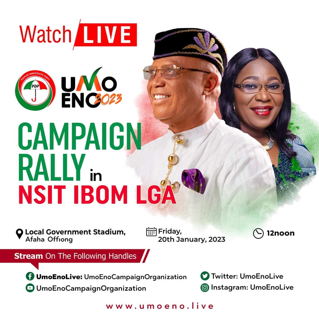 UmoEno in Nsit Ibom 
Join the winning team! 

Watch the @OfficialPDPNig governorship campaign rally in Nsit Ibom L.G.A, today.

Youtube: youtube.com/@umoenocampaig…

Facebook: facebook.com/umoenocampaign… 

Watch Live @ umoeno.live

#UmoEnoLive #AkwaIbomIsPDP #VotePDP