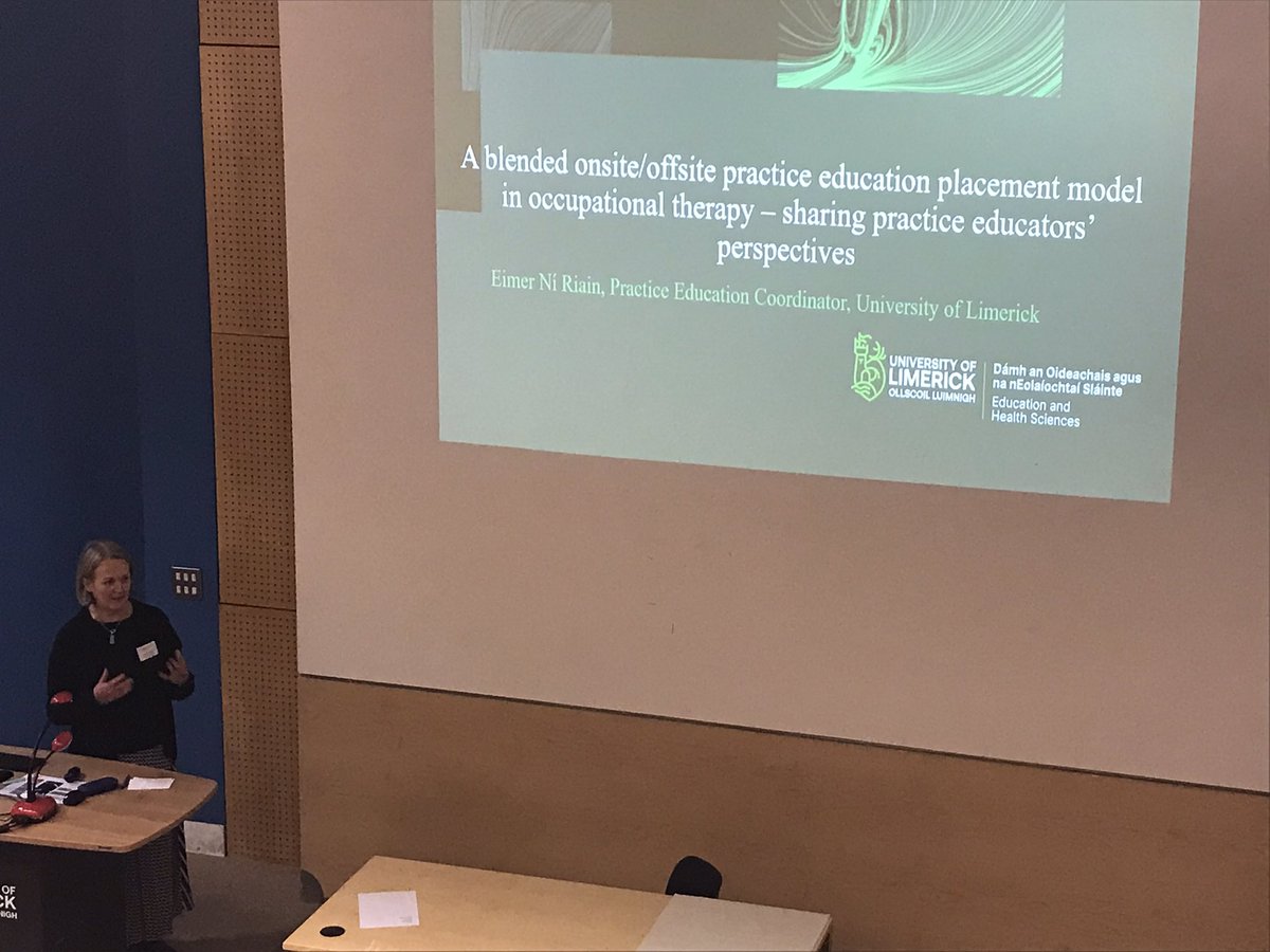 AlliedHealthUL's tweet photo. @AlliedHealthUL Eimer Ni Riain giving an overview on a ‘Blended onsite/offsite practice education placement model in occupational therapy - sharing practice educators’ perspectives’#ULPractEd2023 https://t.co/ucIoRsya5e