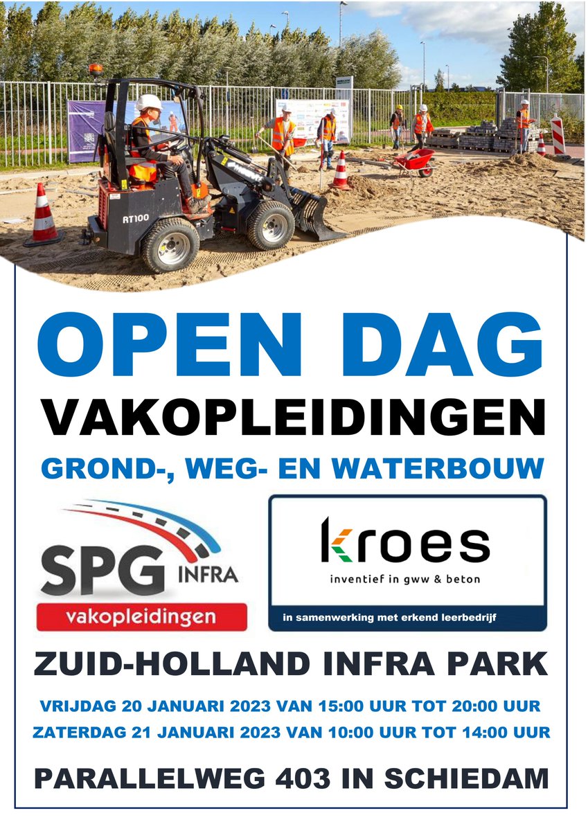 Vandaag (15-20u) en morgen (10-14u) staan we in Schiedam op de open dag van SPG-infra. Wie weet scoor je wel gelijk een baan! En een opleiding krijg je er gewoon gratis bij. Sterker nog, je wordt ervoor betaald. Klinkt goed toch?