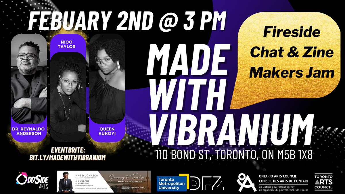 Join us for MADE WITH VIBRANIUM, Thursday, February, 2nd for a fireside chat &amp; Zine Jam on the thematic and symbolic influence of the Black Panther films to investigate the idea and formations of burgeoning Black futures. For more info check out the link in our <a href="/oddsidearts/">OddSide Arts</a> Bio.