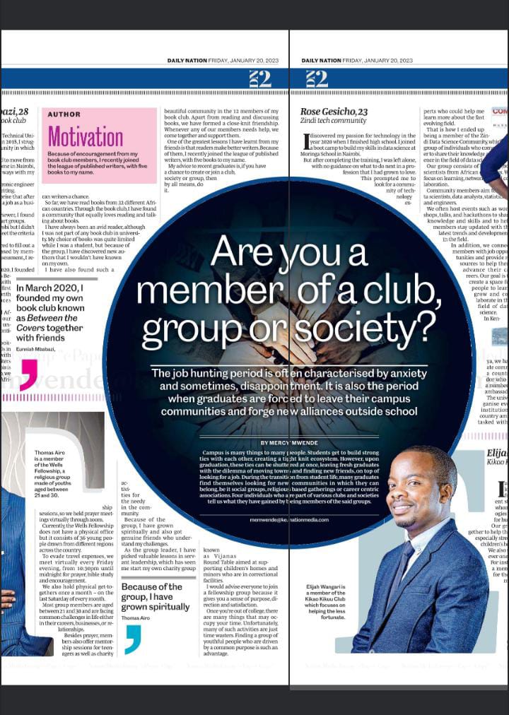 Grab a copy of today's (20th Jan 2023) Daily Nation @dailynation_KE and read about my Club Kikao Kikuu and what we do. Our story was captured on the My Network pullout which is published every Friday. @NationMediaGrp