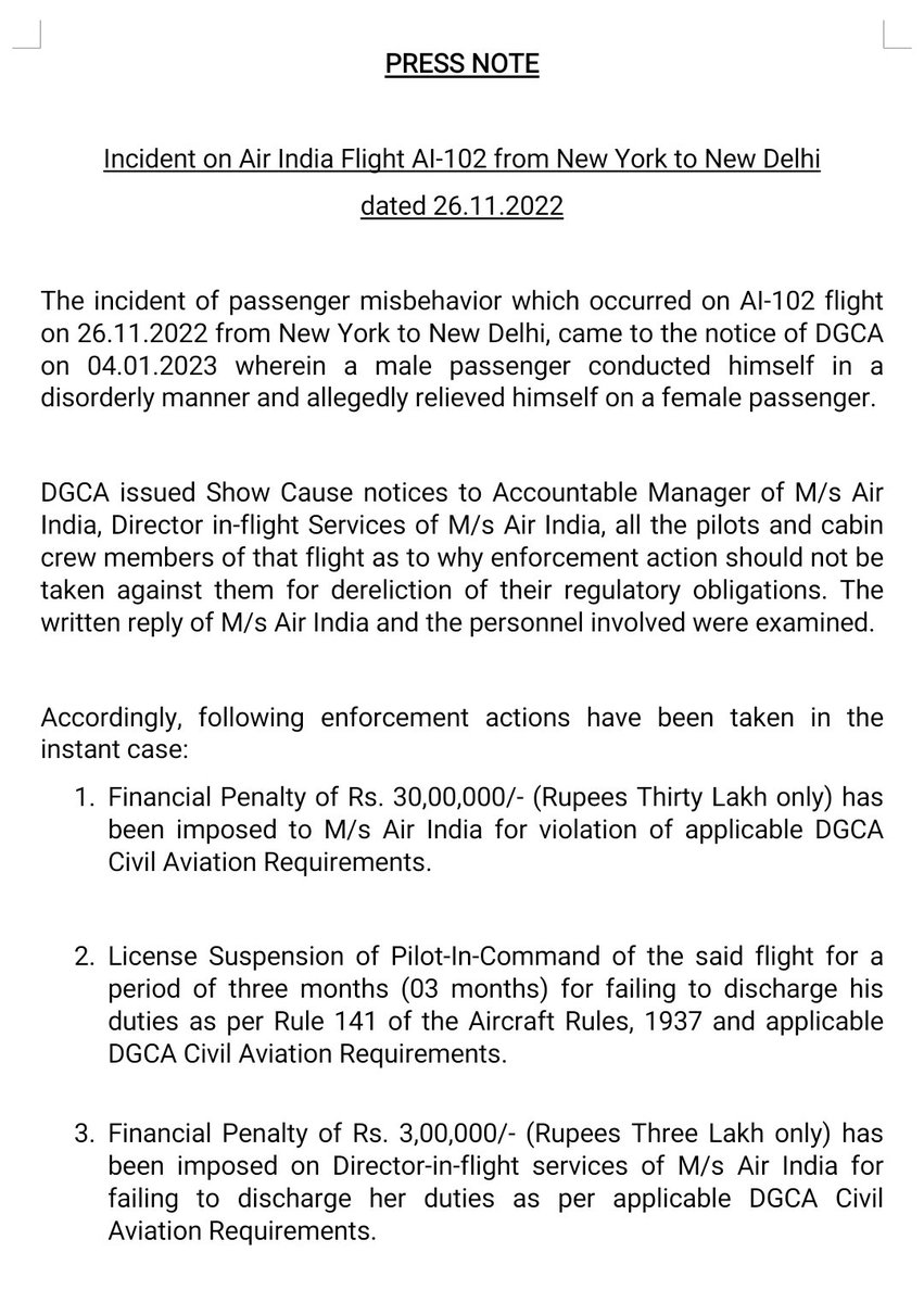 whisker_man's tweet photo. @DGCAIndia Directorate General of Civil Aviation slaps Rs. 30 lakhs penalty on Air India. Pilot suspended for 3 months. Huge statement from DGCA
#peegate #AirIndiaHorror #AirIndia #DGCA https://t.co/ijs8nP6IOK