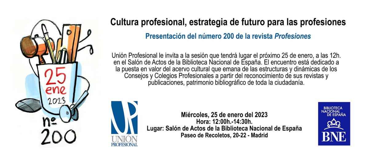 SAVE THE DATE: El próximo miércoles, 25 de enero, a las 12h, tenéis una cita con la #CulturaProfesional en la <a href="/BNE_biblioteca/">Biblioteca Nacional de España</a> 👉 bit.ly/3ZS8X1m 📌📌