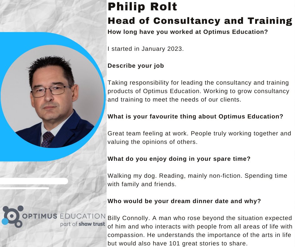 OptimusEd's tweet image. Meet the team at Optimus Education!

Introducing our Head of Consultancy and Training, Philip Rolt 😀

#meettheteam #OptimusEd