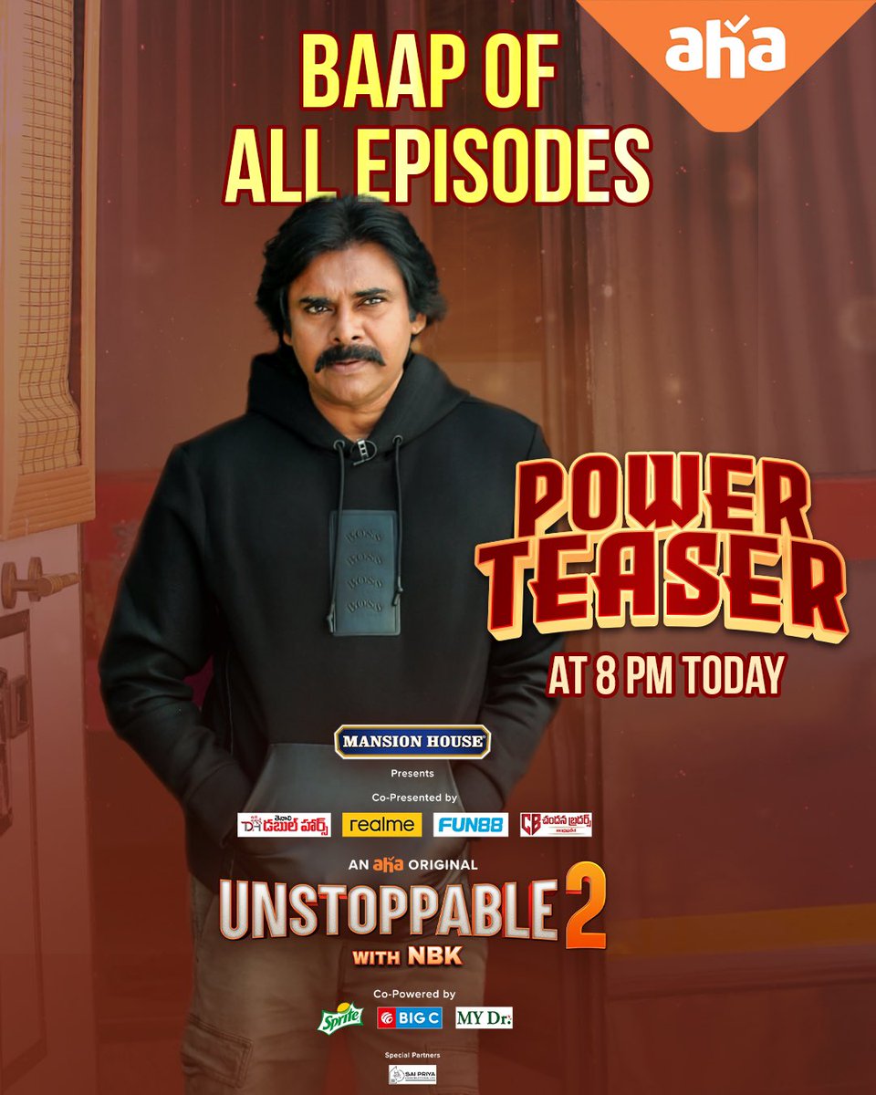 Hello The Unstoppable fans of PSPK and NBK,
Power Teaser from 'The Baap Of All Talk Shows' is dropping at 8pm today!

Get ready...

@PawanKalyan #PawanKalyanOnAHA #UnstoppableWithNBKS2 #NandamuriBalakrishna #NBKOnAHA