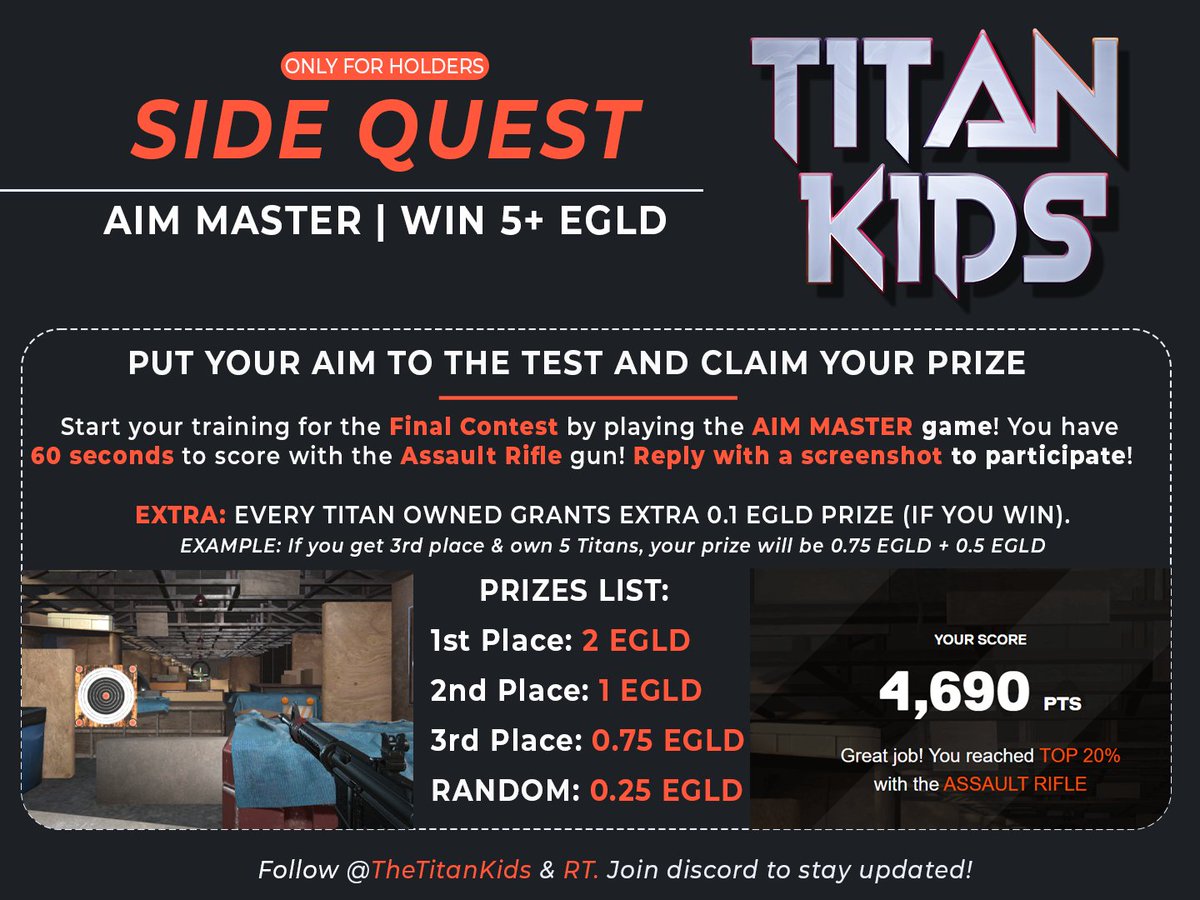 🚨Titans, it's time to start training! 🎯

Play the AIM MASTER game and reply with your highscore.🔫

🔗 aim.steelseries.com

You need to hold at least 1 TitanKids NFT to be eligible for a prize, but the more Titans you own, the more you win! You have 48hrs!

How to play? 👇