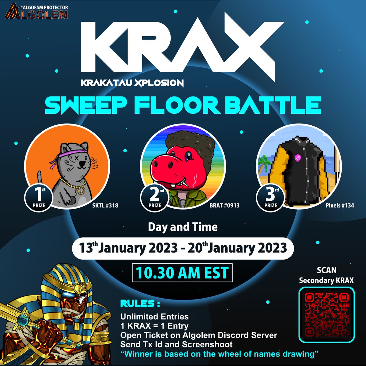 AlgolemNFTs's tweet photo. Final 3 hours to enter the KRAX Sweep the Floor Battle before 10:30AM EST!
Battle your KRAX against the FUD for $BATU in the new Discord game developed by @DisbotsEU!
#Algorand #AlgorandNFTs
#algofam #NFT #KRAX https://t.co/G6FckJd2rW