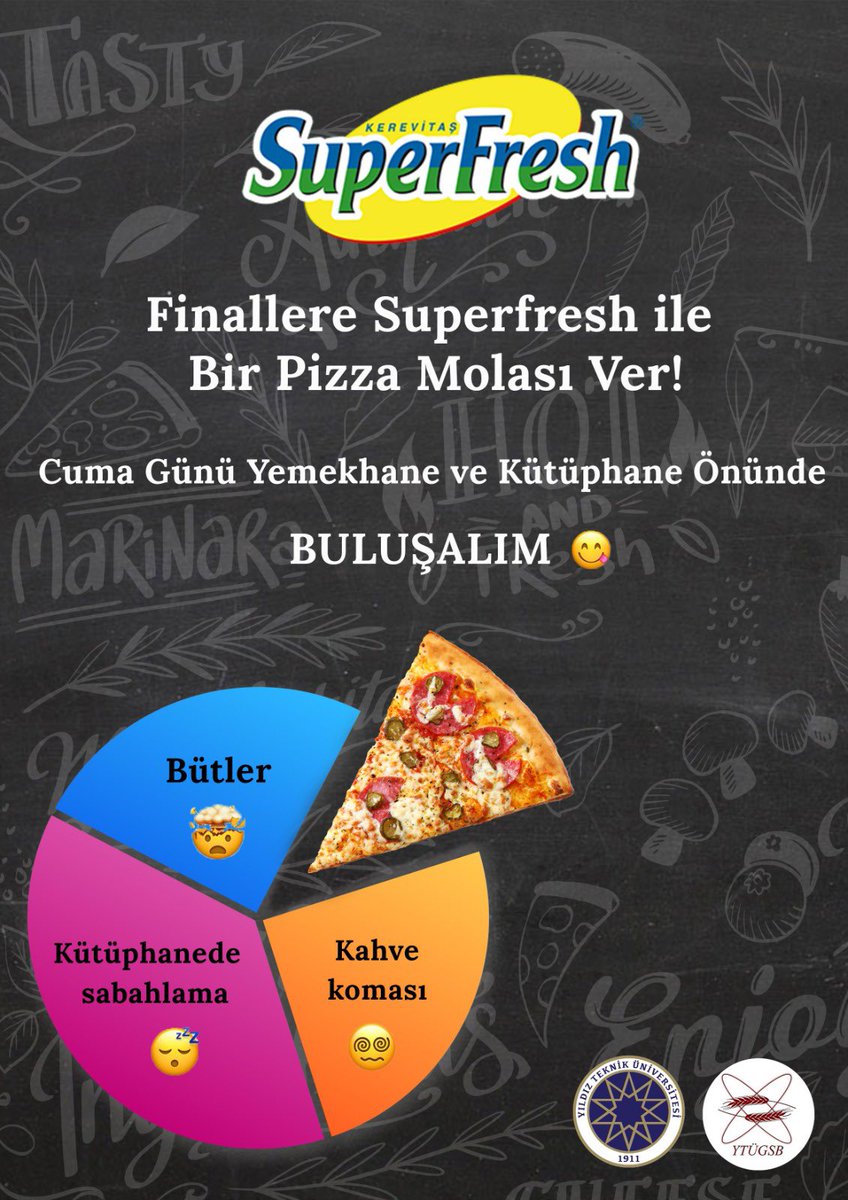 Finallere <a href="/SuperFreshTR/">SuperFresh</a>  ile hoşçakal diyoruz⭐️ Yıldızlı olarak bize katıl ve beraber pizza yiyelim🍕Şimdiden afiyet olsun🌟 <a href="/proftameryilmaz/">Tamer Yılmaz</a>  @GsbYtu  <a href="/YildizEdu/">Yıldız Teknik Üniversitesi</a>