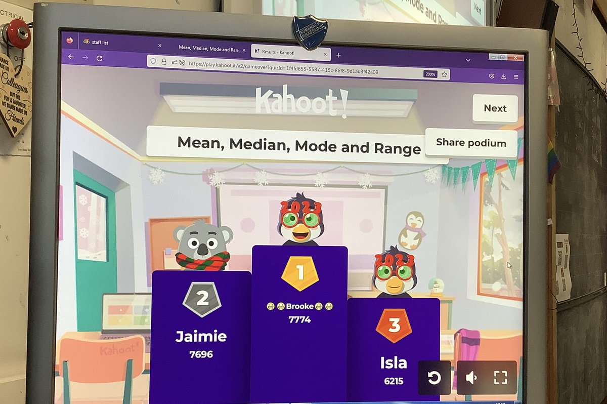 S2 consolidating their learning on mean, median, mode and range with a kahoot! <a href="/Boness_maths/">Bo'ness Maths</a>