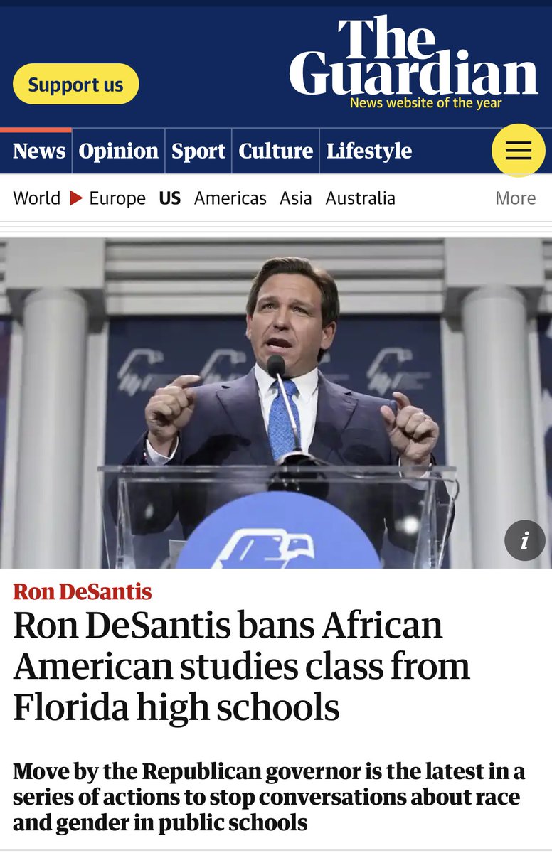The first screenshot is from @GovRonDeSantis Republican. The second screenshot is of @GovRonDeSantis passing legislation banning the teaching of African American studies in Florida. This is America, the country Britain calls friend. Do you see why I am critical of the US?