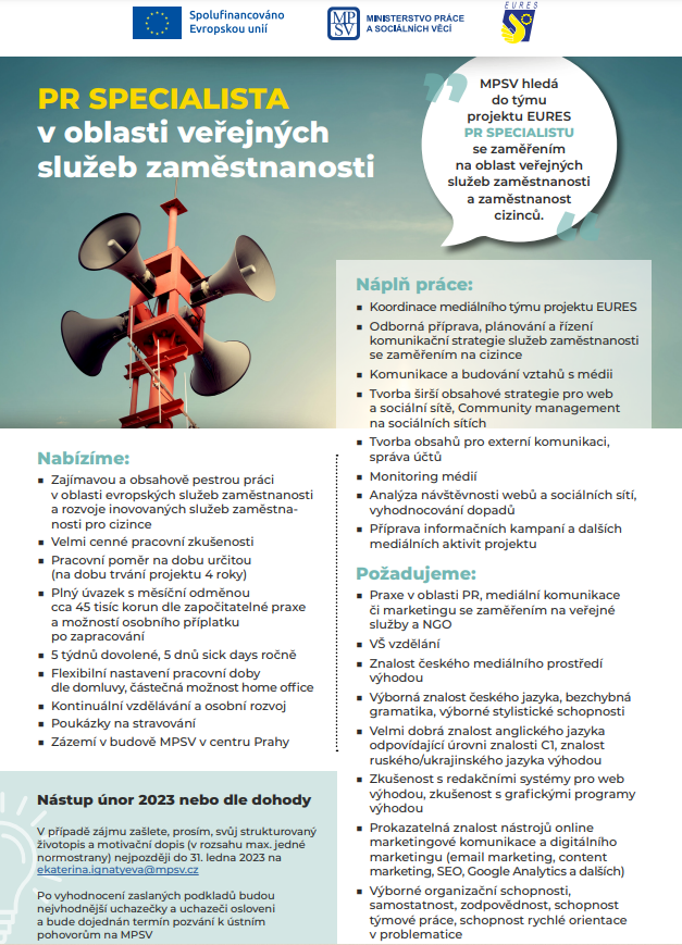 EURESCZE's tweet photo. Do našeho pražského týmu hledáme nového kolegu/kolegyni na pozici PR specialisty. 

Můžete se těšit na pestrou práci, při které uplatníte jazyky, kreativitu a zkušenosti z oblasti marketingu. 

V případě zájmu zašlete do 31.1. své CV na do ekaterina.ignatyeva@mpsv.cz 

#MPSV https://t.co/ccwCRhdo6X
