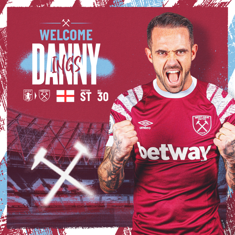 WestHam's tweet photo. We are delighted to announce the signing of Danny Ings! ⚒️