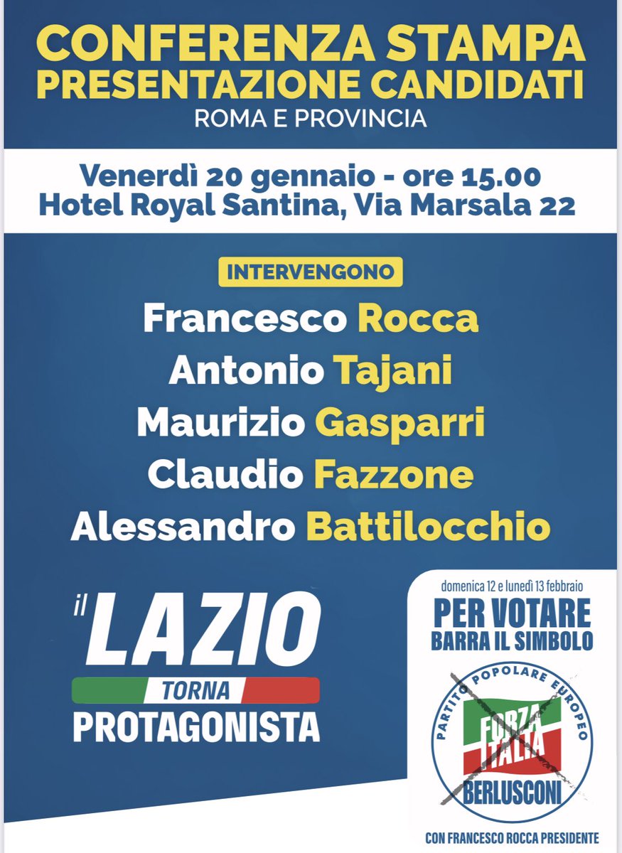 MassaroPiet's tweet photo. Tutto pronto per la #conferenzastampa di presentazione dei #candidati di #ForzaItalia di #Roma e #provincia alle #elezioniregionali del #Lazio. 
L’appuntamento è per oggi, Venerdi 20 Gennaio, alle ore 15, presso l’Hotel Royal Santina di Roma.
#IlLazioTornaProtagonista! https://t.co/1DN0NCjDrT