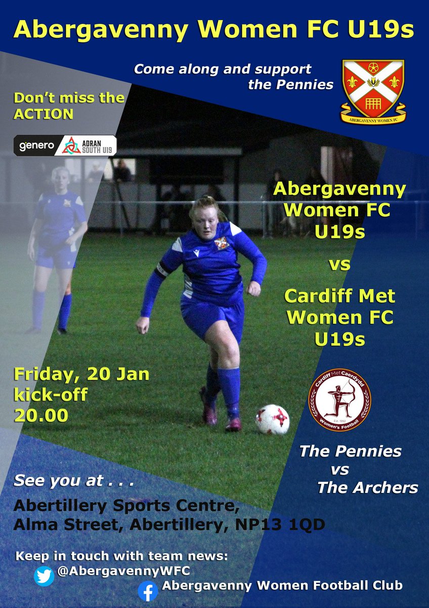 ⚽U19 TONIGHT ⚽

<a href="/CardiffMetWFC/">Cardiff Met WFC</a>
🏆Adran South U19
2️⃣0️⃣th January
🕗 20:00 K.O
🏟️Abertillery 3G

<a href="/AberVoice/">Aberlad/Y Fenni Vice</a> <a href="/AberChronicle/">The Abergavenny Chronicle</a> <a href="/AberWFC_juniors/">Abergavenny Women FC Youth</a>