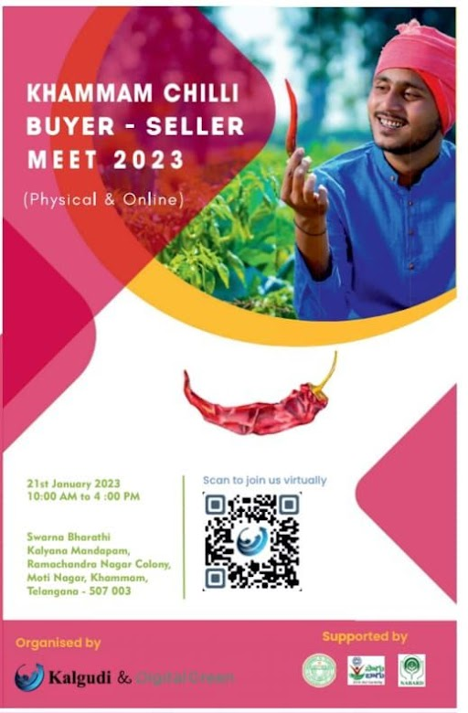 We are cordially inviting you to the KHAMMAM BUYERS - SELLERS MEET scheduled on 21.01.2023 and to connect with the farmers to establish market linkages. 

To join online press the link below and register :
lnkd.in/gdmPG5Cc

#buyersellermeet #chilli #fpos #khammam #agtech