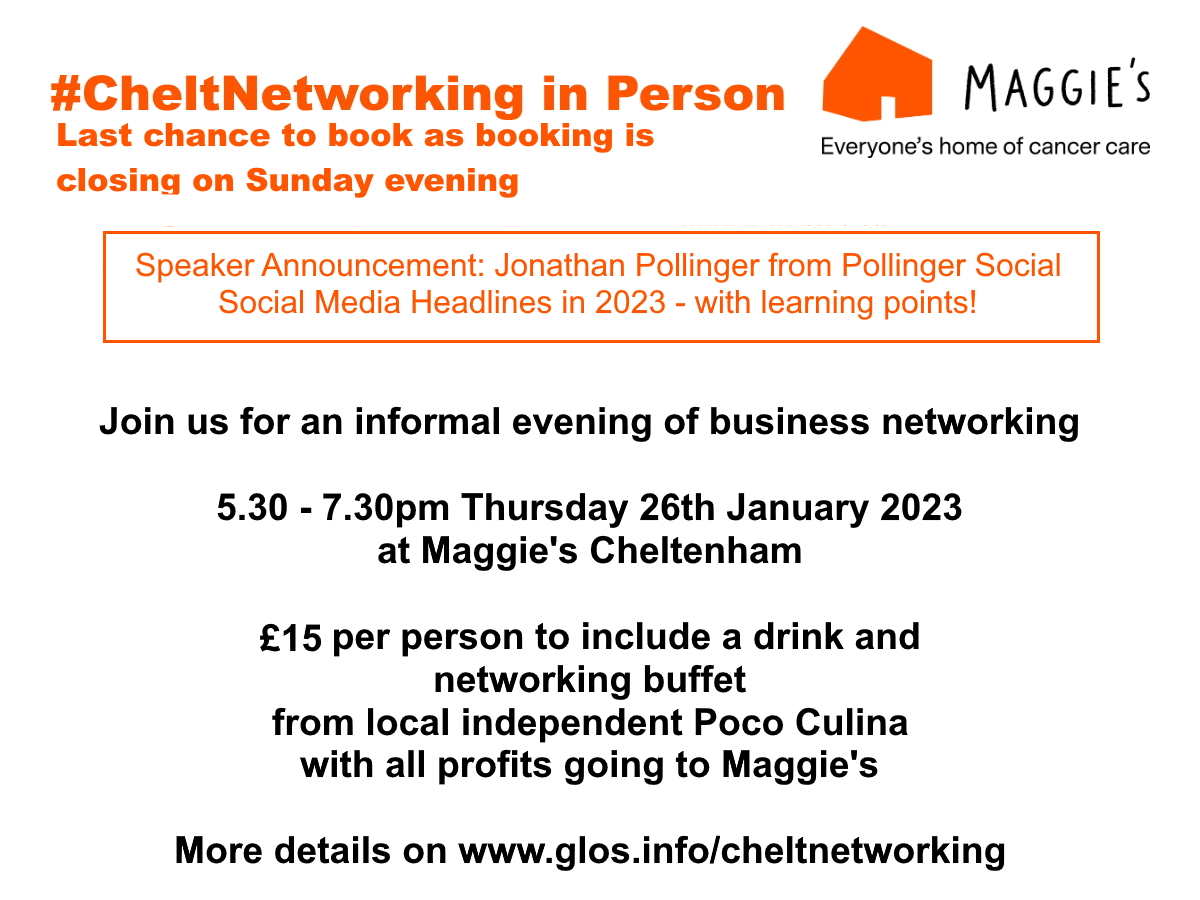 glosinfo's tweet photo. Last chance to book #CheltNetworking in Person 5.30pm Thursday 26th January at Maggie's Cheltenham and we have persuaded Jonathan Pollinger from @pollingerSocial to do a social media update. Buffet and drinks included. https://t.co/ddXidwhqwn #networking #cheltenham https://t.co/dCB6XYyc2E
