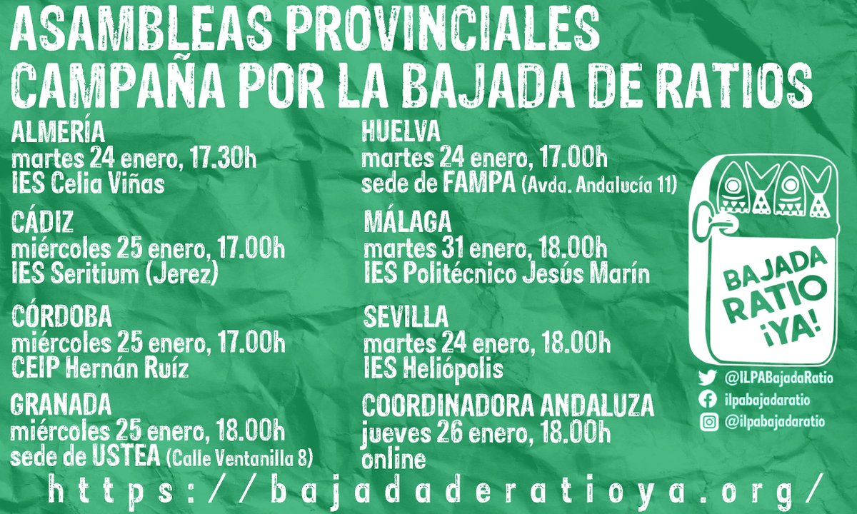 La lucha por la #BajadaDeRatio continúa: asambleas provinciales abiertas, para la planificación del trabajo de la campaña unitaria en el segundo trimestre

¡PÁSATE Y PÁSALO!