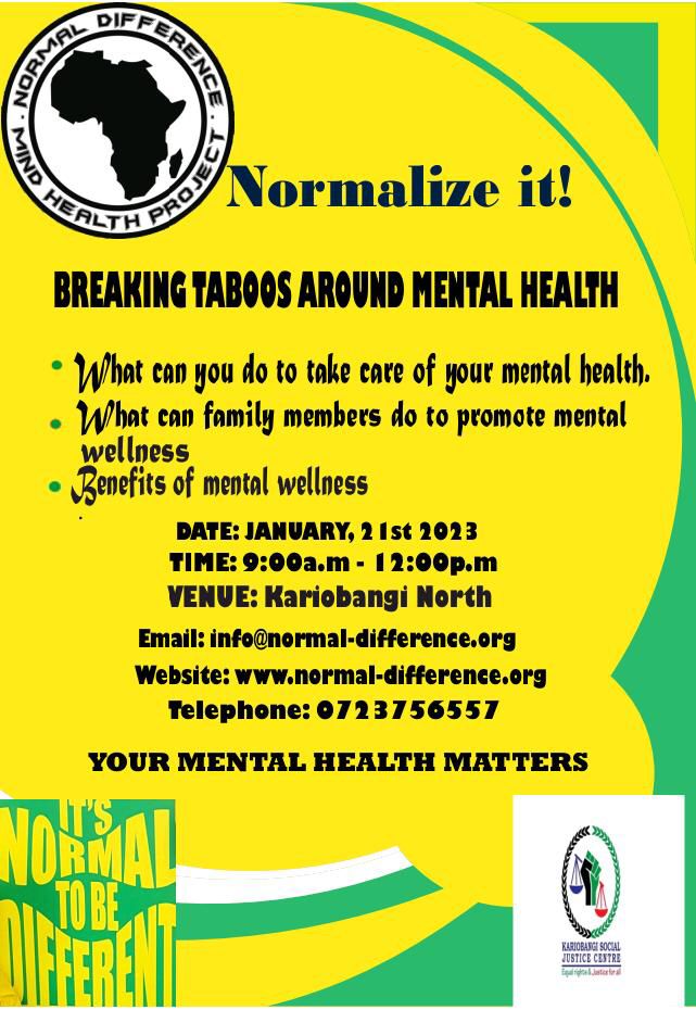 KariobangiSJC's tweet image. Join us tommorow together with @DifferenceMind as we conduct mental health awareness aimed at deepening the  understanding of community members on matters mental health and how  to address it .
#MentalHealthMatters 
#NormalizeIt @UhaiWetu @habibomar201 @Ruthogola97Ruth @AMWIK