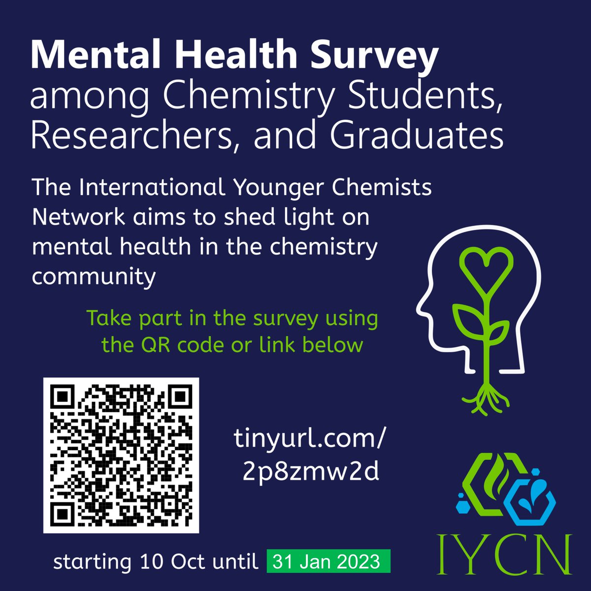 IntlYoungerChem's tweet photo. It's extended! Join in the IYCN Mental Health Survey! Help us shed light on mental health in the chemistry community. All #chemistry students and young researchers are invited to fill out our survey! #AcademicMentalHealth #AcademicChatter https://t.co/fAq144tPXO https://t.co/Lmt1HQVk2d