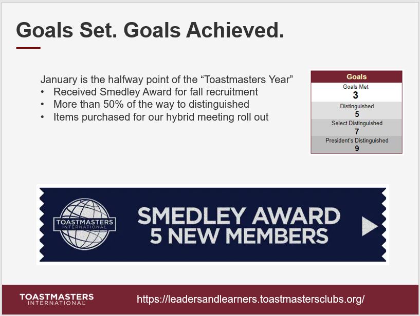 January progress report. We are at the halfway point of the <a href="/Toastmasters/">Toastmasters</a> year with 3/5 goals achieved. We are on track! #goals #achievement