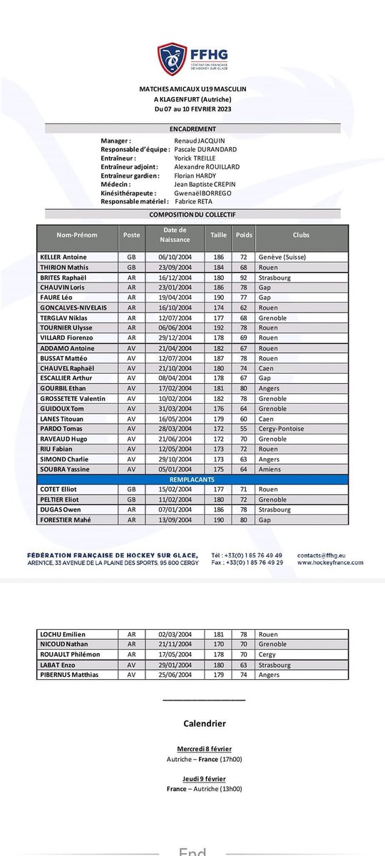 [Sélection nationale]

L'ensemble du club tient à féliciter Ethan GOURBIL, joueur N2,  pour sa première sélection en Équipe de France de hockey sur glace 🥅🏒🇨🇵🇨🇵

Bon courage à toi pour ces deux matchs contre l'Autriche les 8 et 9 février prochain 🤗😉