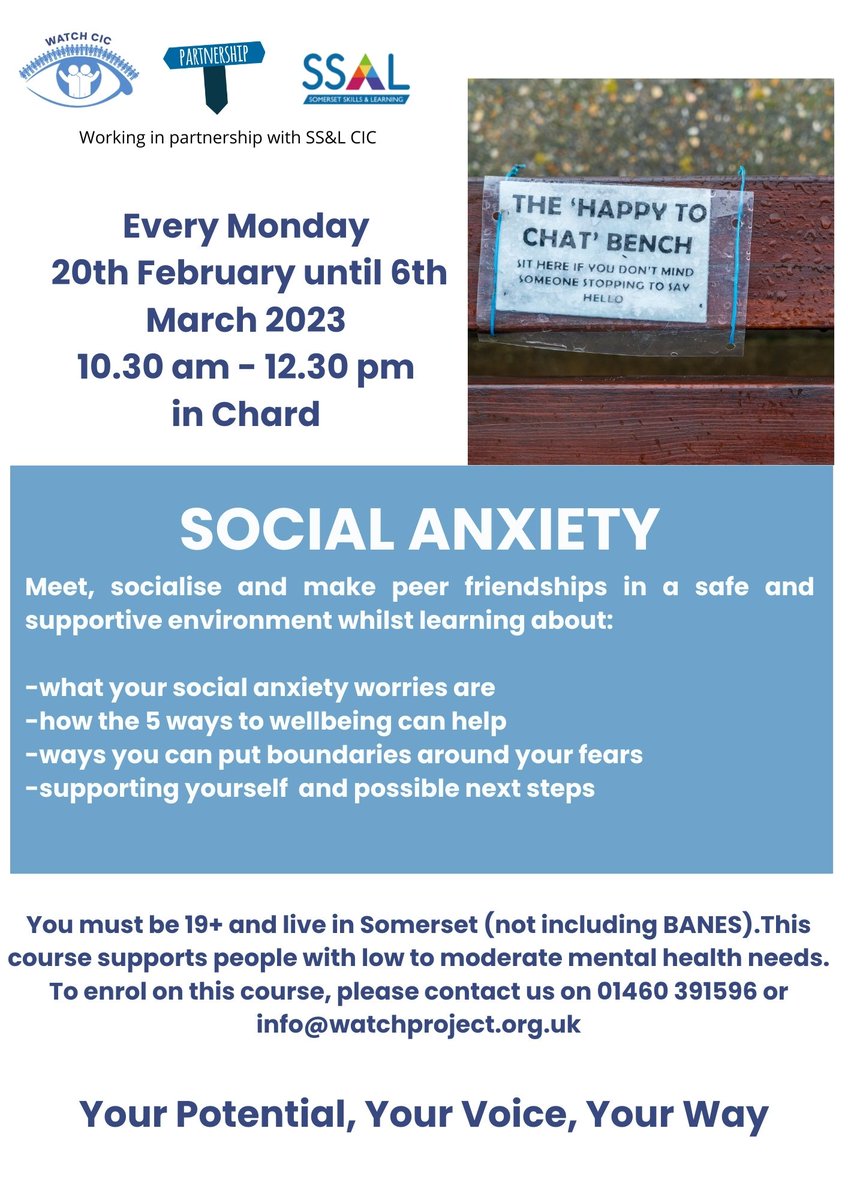 Places are available on our upcoming free Social Anxiety workshop. Call 01460 391596 or email info@watchproject.org.uk to register.
