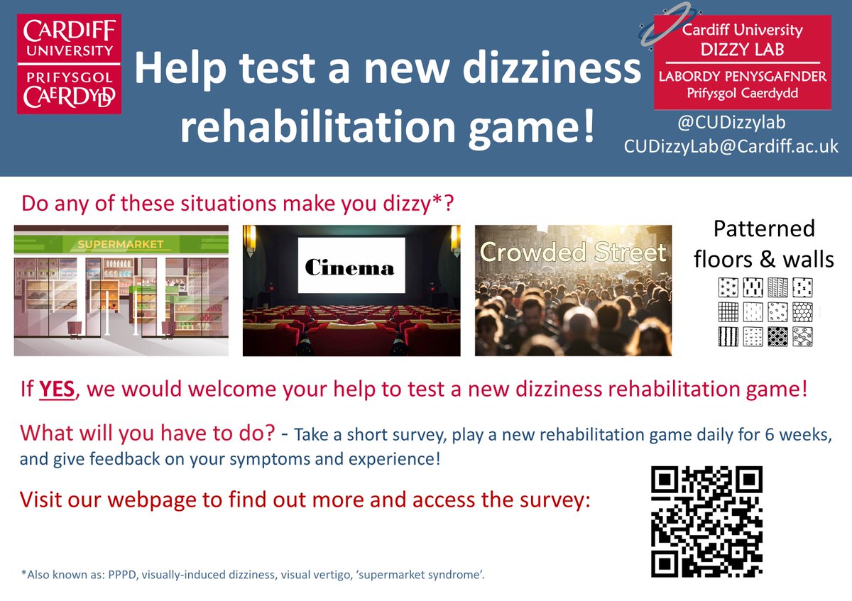 We are recruiting for a new study on dizziness rehabilitation! Do you have symptoms of visual vertigo? If so, we'd like to hear from you. 

More info: cudizzylab.org/explore-balanc…