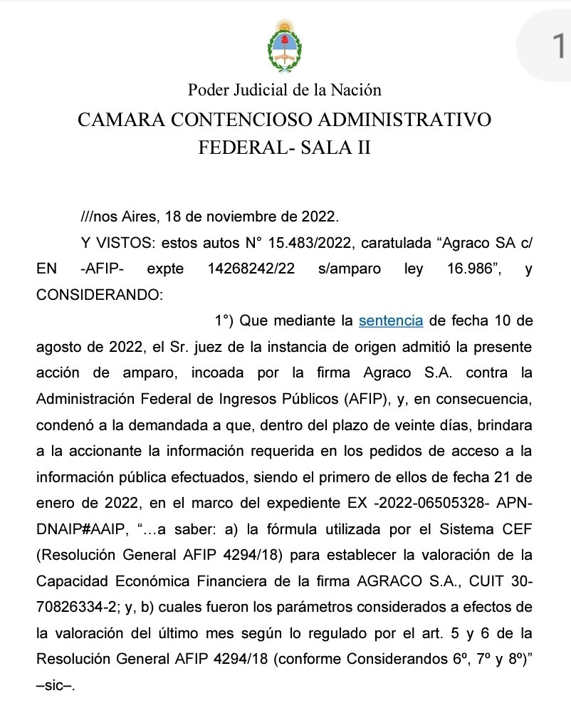 📌 Interesante antecedente que obliga a AFIP a dar a conocer la fórmula utilizada por el Sistema CEF (RG 4294/18) para establecer la valoración de la Capacidad Económica Financiera de una empresa.

✍️ Amparo promovido en virtud de la Ley 27275 de acceso a la información pública.