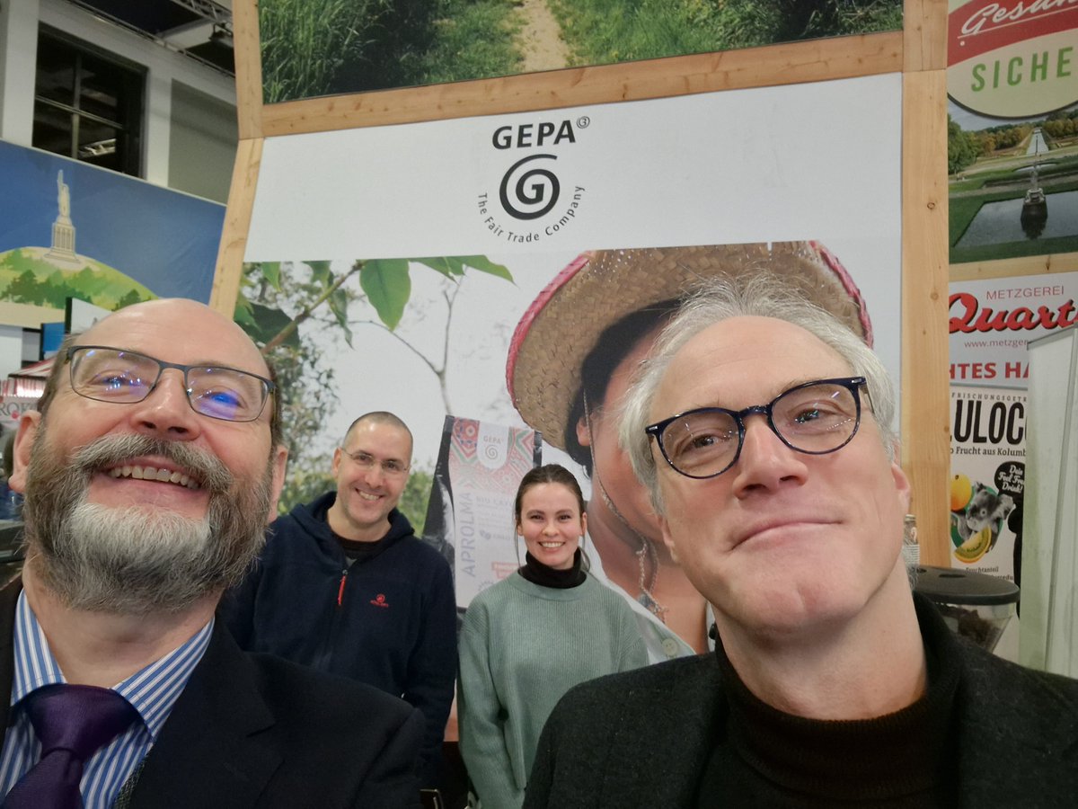 GEPAFairTrade's tweet photo. Eindrücke von der #IGW2023: GEPA-Geschäftsführer P. Schaumberger mit M. Fiedler, Geschäftsführer Forum Fairer Handel, u. a. bei der Rede von NRW-Ministerin Silke Gorißen @MLVNRW #ichwillfair @bmz_bund https://t.co/69grvNwnoq