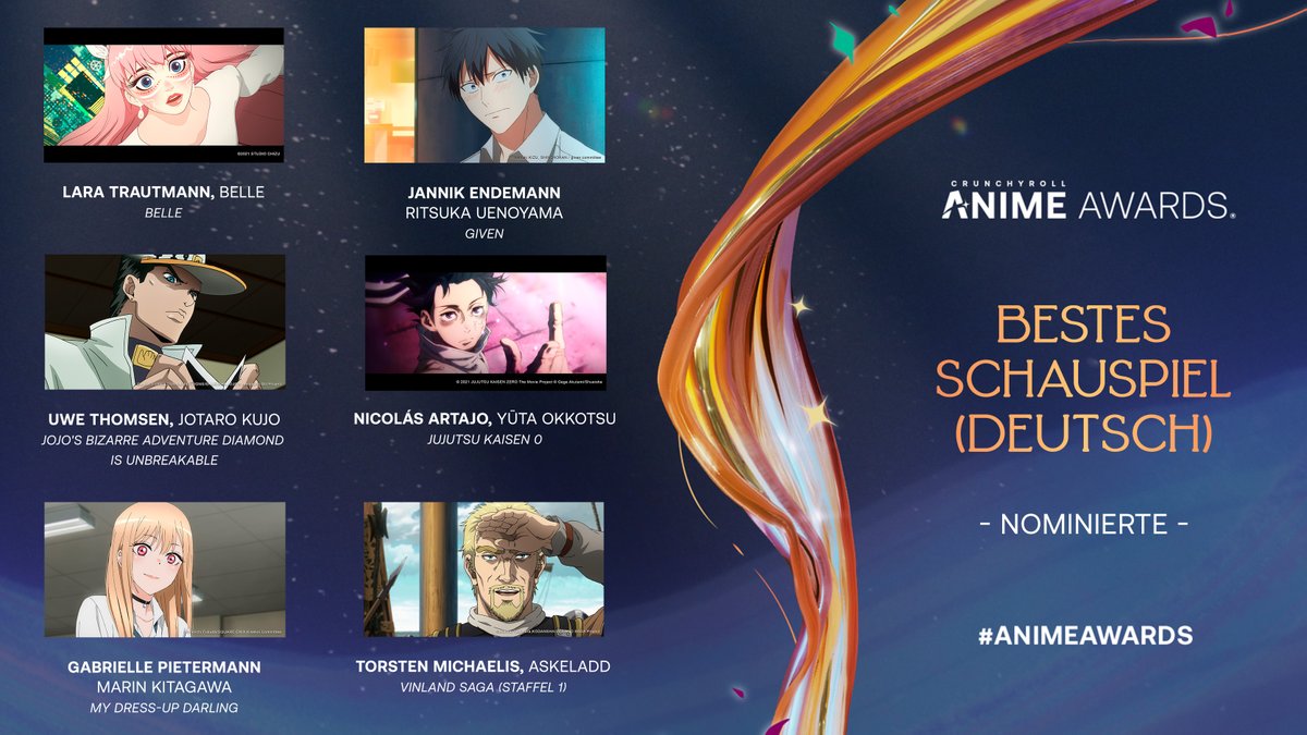 Das sind die Nominierten für Bestes Schauspiel (Deutsch)! Hat es dein Favorit in die Auswahl der #AnimeAwards geschafft? 🎤

✨ STIMM AB: got.cr/3kwZFI7