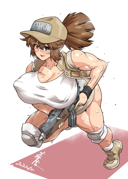 カラー練習で銃持って走るフィオ Running Fio with gun. 