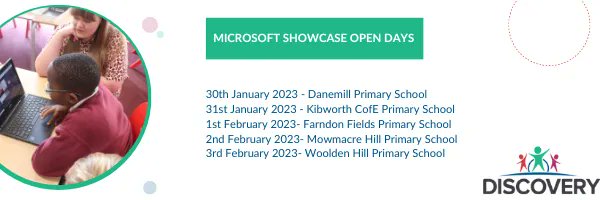 Five of our Schools are hosting Microsoft Showcase Open days. Come and see how Microsoft is used within our Schools at Discovery -  Limited spaces available. If you are interested in attending please sign on via the form- buff.ly/3waBAt1. 

#Microsoft #Showcase #Opendays