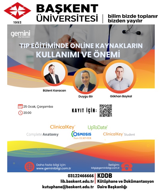 basunivkut's tweet photo. Tıp eğitimini destekleyen güncel elektronik tıp kaynakları ile ilgili 25 Ocak 2023 tarihinde webinar düzenlenecektir.
Toplantı kayıt linki:  
25 Ocak Çarşamba 20:00  https://t.co/vOR08P9PHX https://t.co/zlnOpZRMaF